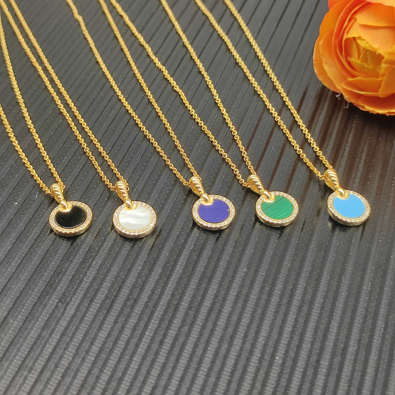 David Yurman Gold Plated Enamel Circle Pendant Necklace
